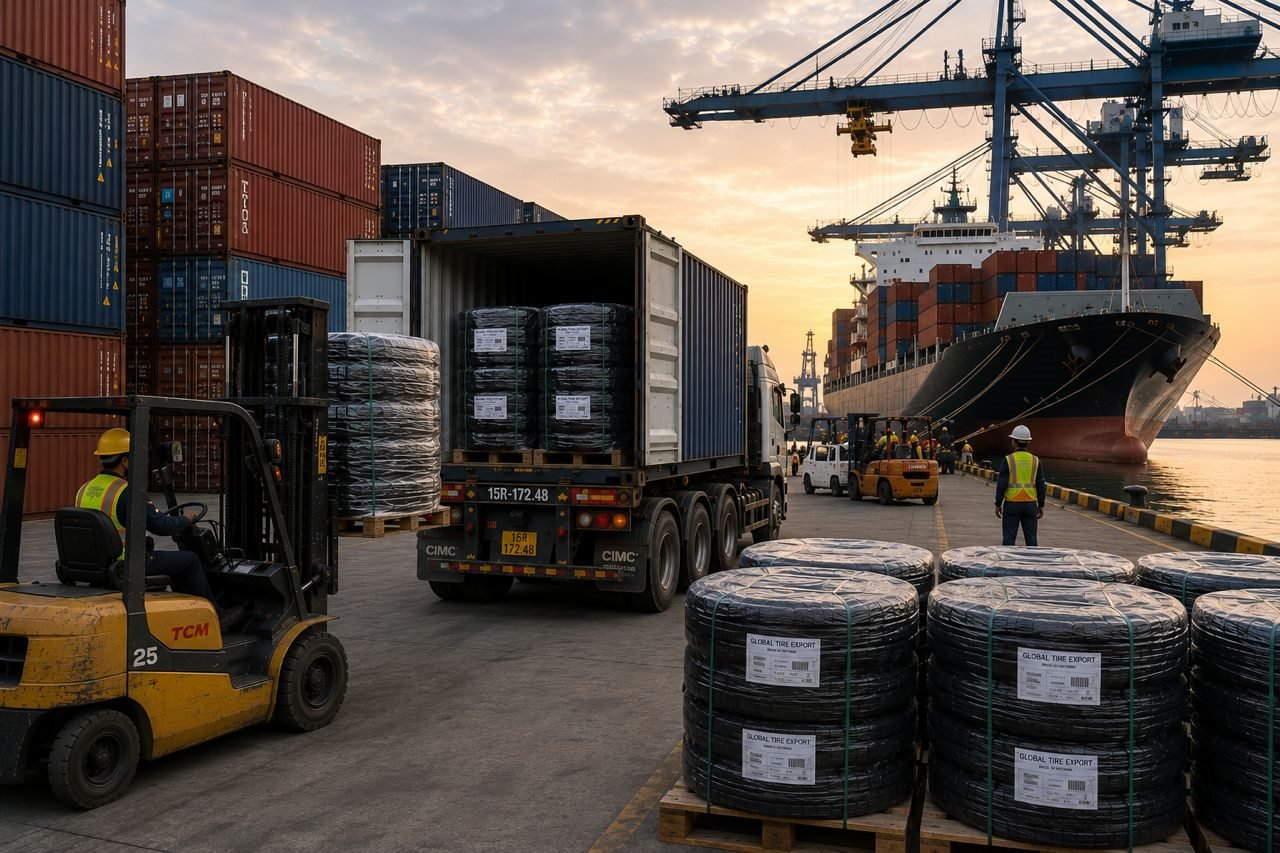 Containerized tire cargo being loaded for ocean export at a Vietnam port