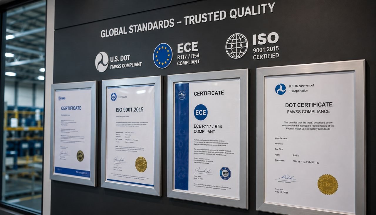 DOT ECE and ISO certification display for tire export quality assurance