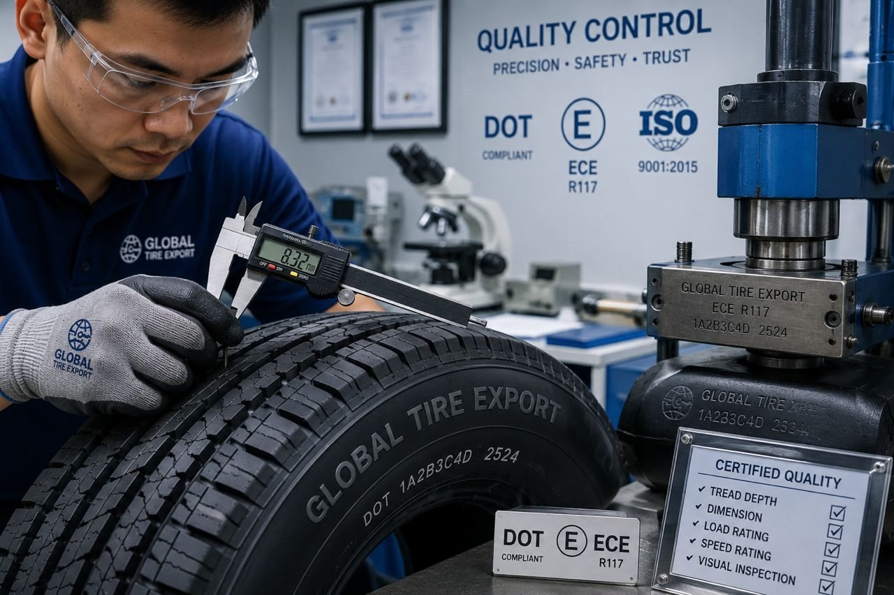 Global Tire Export technician verifying tire tread depth, dimensions and DOT/ECE markings
