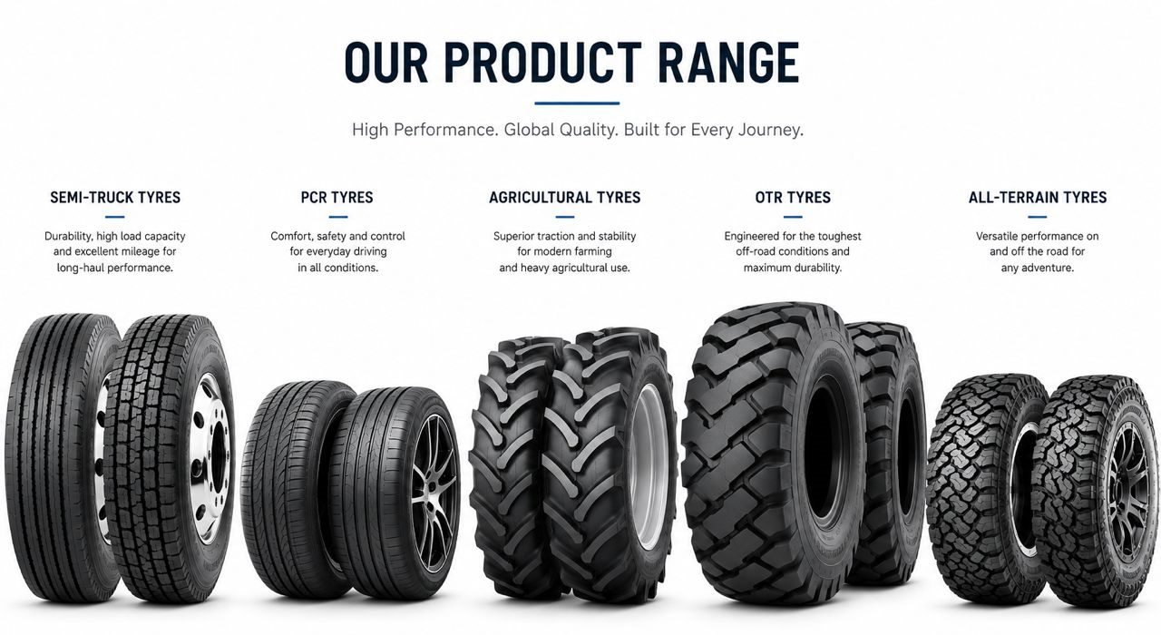 Global Tire Export range of semi truck, passenger, agricultural, OTR and all-terrain tires